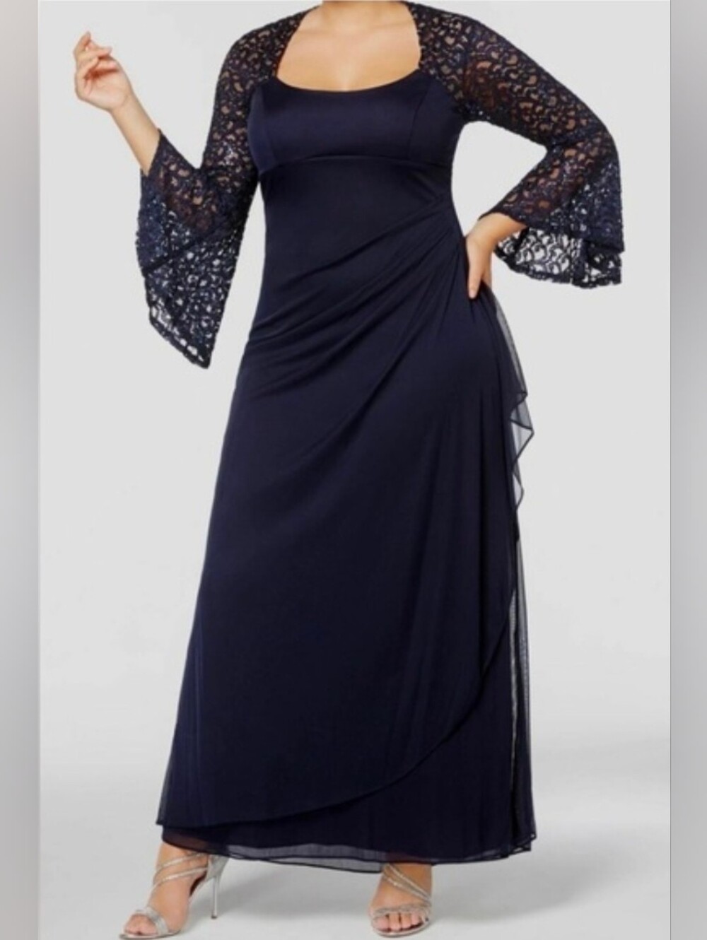 NWOT Xscape Navy Scoop Neck, Lace Bell Sleeve, Dress/Gown Size 16